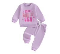 Zukmuk 2Pcs Baby Girl First Birthday Outfit In My One Year Old Era Letter Print Crewneck Sweatshirt Elastic Waist Pants My First Birthday Clothes Set (Purple, 12-18 Months)