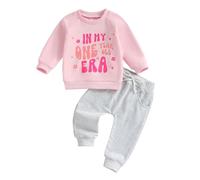 Zukmuk 2Pcs Baby Girl First Birthday Outfit In My One Year Old Era Letter Print Crewneck Sweatshirt Elastic Waist Pants My First Birthday Clothes Set (Pink Gray, 6-12 Months)