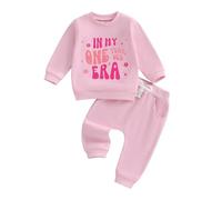 Zukmuk 2Pcs Baby Girl First Birthday Outfit In My One Year Old Era Letter Print Crewneck Sweatshirt Elastic Waist Pants My First Birthday Clothes Set (Pink, 12-18 Months)