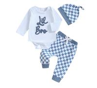 Zukmuk 2Pcs Big Bro/Little Bro Matching Outfit Big Sis/Lil Sis Matching Outfits Baby Long/Short Sleeve Crewneck Letter Print Sweatshirt +Checkboard Pants Set (Blue Hat, 0-3 Months)