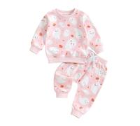 Zukmuk 2Pcs Toddler Baby Boy Girl Halloween Outfit Long Sleeve Boo/Ghost/Pumpkin Embroidery Striped Crewneck Sweatshirt Jogger Pants Set Baby Unisex Halloween Outfit (Light Pink, 12-18 Months)