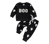 Zukmuk 2Pcs Toddler Baby Boy Girl Halloween Outfit Long Sleeve Boo/Ghost/Pumpkin Embroidery Striped Crewneck Sweatshirt Jogger Pants Set Baby Unisex Halloween Outfit (Black, 3-4T)
