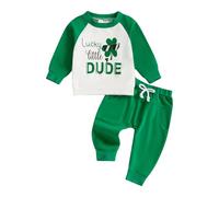 Zukmuk 2Pcs Toddler Baby Boy St. Patricks Day Outfit Long Sleeve Clover Letter Print Crewneck Sweatshirt Jogger Pants Clothes Set St. Patricks Day Spring Outfits (Green White, 18-24 Months)