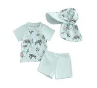 Zukmuk 3 Pcs Toddler Boy Swimwear Set Kids Rash Guard Whale/Turtle Print Short Sleeve Zip Tops + Elastic Waist Shorts + Hat Baby Boys Summer Swimsuit Set (Green, 6-12 Months)