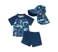 Zukmuk 3 Pcs Toddler Boy Swimwear Set Kids Rash Guard Whale/Turtle Print Short Sleeve Zip Tops + Elastic Waist Shorts + Hat Baby Boys Summer Swimsuit Set (Blue, 6-12 Months)