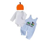 Zukmuk 3Pcs Baby Boy Girl My First Halloween Outfit Long Sleeve Tracter Pumpkin Embroidered Romper Pumpkin Suspender Pants and Hat Baby Unisex Halloween Clothes Set (Blue, 6-9 Months)