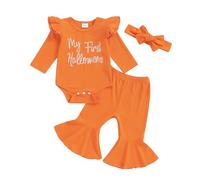 Zukmuk 3Pcs Baby Girl Halloween Outfits My First Halloween Baby Girl Outfit Ruffle Sleeve Romper Little Pumpkin Print Flare Pants Headband Clothes Set (Orange, 6-12 Months)