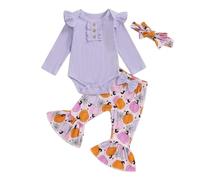 Zukmuk 3Pcs Baby Girl Halloween Outfits My First Halloween Baby Girl Outfit Ruffle Sleeve Romper Little Pumpkin Print Flare Pants Headband Clothes Set (Purple, 6-9 Months)