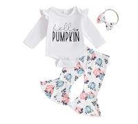 Zukmuk 3Pcs Baby Girl Halloween Outfits My First Halloween Baby Girl Outfit Ruffle Sleeve Romper Little Pumpkin Print Flare Pants Headband Clothes Set (White, 0-3 Months)