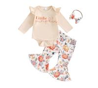 Zukmuk 3Pcs Baby Girl Halloween Outfits My First Halloween Baby Girl Outfit Ruffle Sleeve Romper Little Pumpkin Print Flare Pants Headband Clothes Set (Ivory, 3-6 Months)
