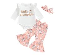 Zukmuk 3Pcs Baby Girl Halloween Outfits My First Halloween Baby Girl Outfit Ruffle Sleeve Romper Little Pumpkin Print Flare Pants Headband Clothes Set (Pink, 3-6 Months)
