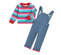 Zukmuk Baby 2Pcs halloween Outfits Long Sleeve Striped Print Tops and Suspender Pants Set Toddler Chucky Costume Jumpsuit Cosplay Costume (Blue, 4-5 Years)