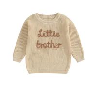 Zukmuk Baby Boys Big Brother Little Brother Matching Outfits Knit Sweater Sweatshirt Letter Embroidery Crewneck Long Sleeve Pullovers Baby Boy Warm Winter Clothes (Khaki Little, 12-18 Months)