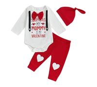 Zukmuk Baby Boys Girls Valentine's Day Outfits Love Heart Print Long Sleeve Rompers With Pants Hat Bow Headband Set My First Valentines Day Unisex Outfit (White Heart, 3-6 Months)