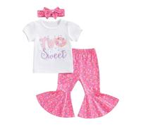 Zukmuk Baby Girls Birthday Outfits Short Sleeve Crochet Flower Romper/Shirt+Flare Pants+Headband Set Newborn Baby Girl Birthday Clothes (Pink Two, 12-18 Months)