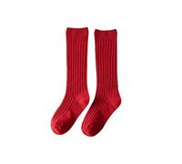Zukmuk Childrens Baby Double Knit Knee High Plain Mid-Length Socks Solid Color Ruffle Long Tube Ribbed Uniform Anti-Slip Stockings (Red, 0-12 Months)