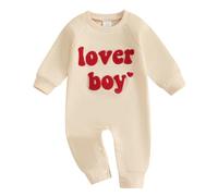 Zukmuk Newborn Baby Boy Girls Valentines Day Outfit Lover Boy Embroidery Romper Long Sleeve My Tiny Valentine Bodysuit Jumpsuit (Apricot, 6-12 Months)