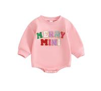 Zukmuk Newborn Baby Boys Girls Christmas Outfit Merry Mini Christmas Sweatshirt Romper In My Christmas Era Letter Embroidery Santa Crewneck Bubble Jumpsuit (Pink, 3-6 Months)