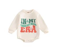 Zukmuk Newborn Baby Boys Girls Christmas Outfit Merry Mini Christmas Sweatshirt Romper In My Christmas Era Letter Embroidery Santa Crewneck Bubble Jumpsuit (Beige, 6-12 Months)