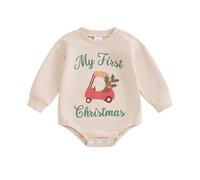Zukmuk Newborn Baby Boys Girls Christmas Outfit Merry Mini Christmas Sweatshirt Romper In My Christmas Era Letter Embroidery Santa Crewneck Bubble Jumpsuit (Apricot Car, 3-6 Months)