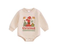 Zukmuk Newborn Baby Boys Girls Christmas Outfit Merry Mini Sweatshirt Romper In My Era Letter Embroidery Santa Crewneck Bubble Jumpsuit (Apricot, 12-18 Months)