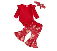 Zukmuk Newborn Baby Girl Christmas Outfit Santa Baby Letter Print Long Sleeve Snowman Ruffle Romper Baby Girl Cookies/Milk Flared Pants Headband Set (Red Ginger, 6-12 Months)