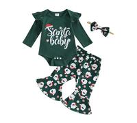 Zukmuk Newborn Baby Girl Christmas Outfit Santa Baby Letter Print Long Sleeve Snowman Ruffle Romper Baby Girl Cookies/Milk Flared Pants Headband Set (Green, 12-18 Months)