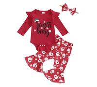 Zukmuk Newborn Baby Girl Christmas Outfit Santa Baby Letter Print Long Sleeve Snowman Ruffle Romper Baby Girl Cookies/Milk Flared Pants Headband Set (Red Santa, 0-3 Months)