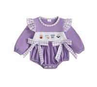 Zukmuk Newborn Baby Girl Halloween Outfit Long Sleeve Pumpkin/Ghost/Cat Embroidery Romper Smocked Ruffle Creweck Romper With Headband Baby Girl Halloween Bodysuit Jumpsuit (Purple, 3-6 Months)