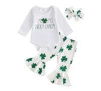 Zukmuk Newborn Baby Girl St. Patricks Day Outfit Cutest Clover In The Patch Romper Shamrock Flared Pants Headband Set My First St. Patricks Day Clothes (Green White, 6-12 Months)