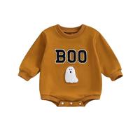 Zukmuk Newborn Baby Girls Boy Halloween Outfit Mama's Little Boo Romper Oversized Sweatshirt Halloween Baby Unisex Halloween Rompers Ghost/Boo Print Halloween Outfit (Khaki, 12-18 Months)