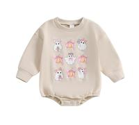 Zukmuk Newborn Baby Girls Boy Halloween Outfit Mama's Little Boo Romper Oversized Sweatshirt Halloween Baby Unisex Halloween Rompers Ghost/Boo Print Halloween Outfit (Khaki Beige, 12-18 Months)