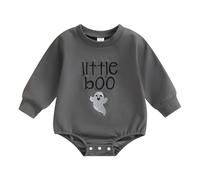 Zukmuk Newborn Baby Girls Boy Halloween Outfit Mama's Little Boo Romper Oversized Sweatshirt Unisex Halloween Rompers Ghost/Boo Print (Gray, 6-12 Months)