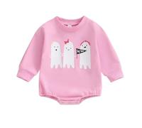 Zukmuk Newborn Baby Girls Boy Halloween Outfit Mama's Little Boo Romper Oversized Sweatshirt Unisex Halloween Rompers Ghost/Boo Print (Light Pink, 12-18 Months)