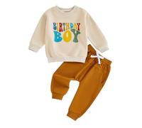 Zukmuk Toddler Baby Boy Birthday Outfit One/Two Letter Embroidery T-shirt Jogger Shorts Waffle Summer Clothes Baby Boy my 1st Birthday Outfit (Khaki Long, 12-18 Months)