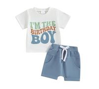 Zukmuk Toddler Baby Boy Birthday Outfit One/Two Letter Embroidery T-shirt Jogger Shorts Waffle Summer Clothes Baby Boy my 1st Birthday Outfit (Blue, 18-24 Months)