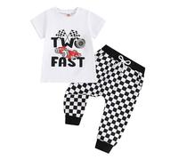 Zukmuk Toddler Baby Boys Birthday Outfit baby boy Fast One/Two Fast Birthday Outfit Summer Racing Car Short Sleeve T-Shirt and Checkerboard Pants Cute Clothes Set (White Two, 2-3T)