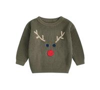 Zukmuk Toddler Baby Girl Boy Christmas Outfit Holly Jolly Embroidery Knit Sweater Pullover Oversized Santa/Elk Print Sweater Knitwear Baby Xmas Sweater (Army Green, 9-12 Months)