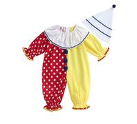 Zukmuk Toddler Baby Girl Boy Halloween Outfit Long Sleeve Color Blocked Polka Dots Print Circus Clown Romper With Hat Baby Unisex Halloween Joker/Pumpkin Jumpsuit Playsuit (Red, 2-3T)