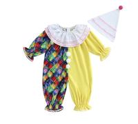 Zukmuk Toddler Baby Girl Boy Halloween Outfit Long Sleeve Color Blocked Polka Dots Print Circus Clown Romper With Hat Baby Unisex Halloween Joker/Pumpkin Jumpsuit Playsuit (Yellow, 12-18 Months)