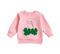 Zukmuk Toddler Baby Girl Boy St. Patricks Day Outfit Mama's Lucky Charm Embroidery Sweatshirt Long Sleeve Shamrock Letter Plaid Pattern Crewneck Sweatshirt (Pink, 6-12 Months)