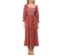 Zukmuk Women Summer Casual Long Dress 3D Embroidered Flowers Square Neck Puff Sleeve Dress Fashion Backless A-line Dress Streetwear Aesthetic Clothes (Dirty Orange, S)