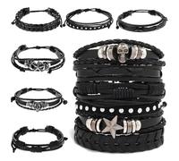 ZukoCert 6 Pcs Punk Bracelets, Adjustable Gothic & Emo Bracelets for Women Men, Black Leather Alt Cuff Wristband Set for Rocker Style