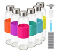 Zukro 18 oz Glass Water Bottles with Lids, 6 Pack Leak Proof Juice Bottles With Stainless Steel Cap for Juicing, Smoothie, Homemade Beverages Container, Reusable Drinking Jar with Grip Band, BPA Free