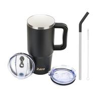 Zukro 24 oz Ceramic Lined Tumbler with Handle and Straw, No Metal Taste, Insulated Stainless Steel Coffee Mug with Spill Proof Lids for Home/Office, No Sweat, Keep Drinks Hot or Cold, Black