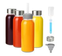 Zukro Glass Water Bottles with Lids & Straw 10.5 oz, 4 Pack Reusable Clear Small Juice Bottles With Stainless Steel Airtight Cap for Juicing, Leak Proof Drinking Jar for Ginger and Milk, BPA Free
