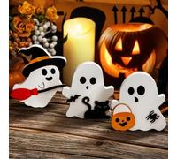 ZukZythepsor Halloween Table Decorations Set of 3, Cute Wooden Ghost, Pumpkin, Witch Indoor Plaques, Lightweight Halloween Decor for Home, Office, Party, or Apartment Display