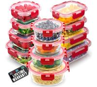 Zulay Kitchen 12-Pack Airtight, Freezer Safe Glass Meal Prep Containers Set with Lids - BPA Free Glass Food Storage Containers - Premium Borosilicate Lunch Containers, Microwave & Oven Safe - Red