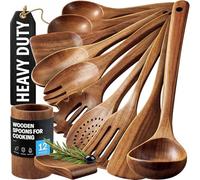 Zulay Kitchen 12-Piece Teak Wooden Utensils for Cooking - Natural Teak Utensil Set with Premium Gift Box - Non-Stick Wooden Spoons for Cooking - Kitchen Gift Set - Comfortable Grip Wooden Utensil Set