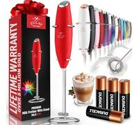 Zulay Kitchen Powerful Milk Frother Wand with 4 AA Duracell Batteries - Ultra Fast Handheld Drink Mixer - Electric Whisk Foam Maker for Coffee, Lattes, Cappuccino, Matcha & Creamer -Red
